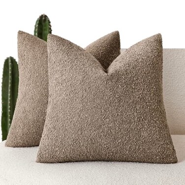 Foindtower Pack of 2 Decorative Textured Boucle Throw Pillow Covers Neutral Accent Solid Pillow Cases Cozy Soft Couch Cushion Case for Chair Sofa Bedroom Living Room Home Decor 22x22 Inch Light Brown