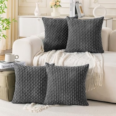Cozoomy Set of 4 Dark Grey Decorative Throw Pillow Covers 18x18 Inch Corduroy Pillow Covers for Bed Couch Sofa Living Room Soft Square Cushion Cases
