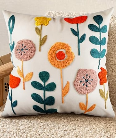 Kokaaee Embroidered Throw Pillow Cover 18x18 Decorative Pillow Cover with Zipper Aesthetic Cute Design Boho Spring Summer Cozy Throw Pillowcase for Living Room Couch Sofa Bed Plants