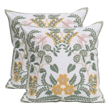 Pilmandu Set of 2 Embroidered Decorative Throw Pillow Covers Couch Square Pillowcases Cushion for Bedroom Sofa Farmhouse Decor 18x18 Inch FlowerA
