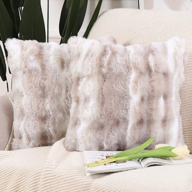 MADIZZ Pack of 2 Thick Plush Faux Wool Throw Pillow Covers Soft Boho Throw Pillows Luxurious Cushion Covers for Couch Sofa Bedroom Living Room Home Decor 18x18 Inch White Taupe
