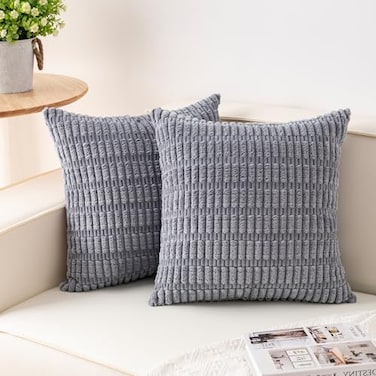 Aegero Pack of 2 Corduroy Decorative Throw Pillow Covers 18x18 InchSoft Boho Striped Pillow Covers Modern Farmhouse Home Decor for Sofa Living Room Couch BedLight Grey