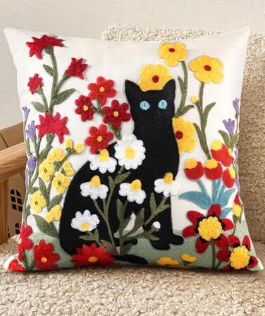 Kokaaee Embroidered Throw Pillow Cover 18x18 Decorative Pillow Cover with Zipper Aesthetic Cute Design Boho Spring Summer Throw Pillowcase for Living Room Couch Sofa Bed Flower Cats