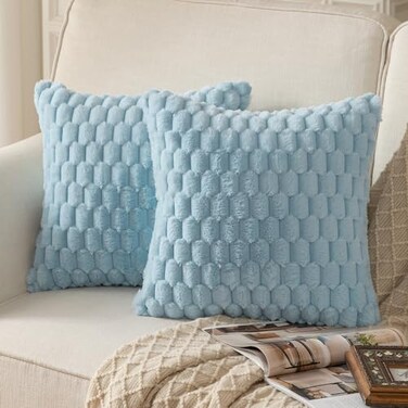 MANDIOO Pack of 2 Light Blue Super Soft Plush Fluffy Decorative Throw Pillow Covers 18x18 inch Faux Fur Wool Velvet Cushion Covers Pillow Cases Couch Sofa Bed Living Room