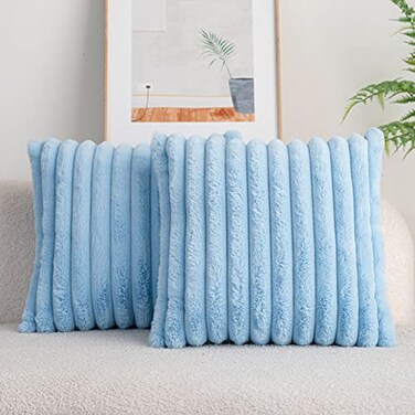 DEELAND Pack of 2DoubleSided Faux Fur Plush Decorative Throw Pillow Covers Fuzzy Striped Soft Pillowcase Cushion Covers for Sofa Couch Bedroom Lightblue 18x18 inch