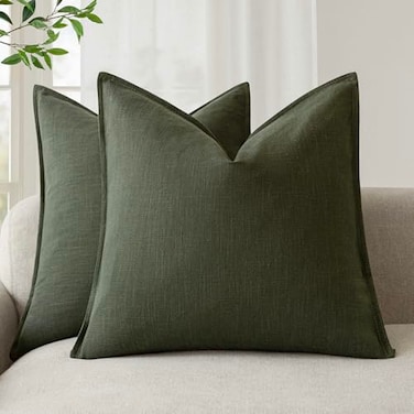 Foindtower Pack of 2 Decorative Linen Solid Throw Pillow Covers Soft Accent Cushion Case Farmhouse Neutral Pillowcase for Chair Couch Sofa Bedroom Living Room Home Decor 24 x 24 Inch Dark Olive Green