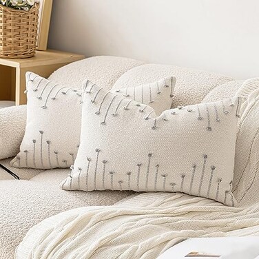 LILEPOY Boho Throw Pillow Covers 12x20 Set of 2 Neutral Decorative Textured Cushion Case Farmhouse Pillowcase Modern Lumbar Pillow Covers for SofaCouch Living RoomBeige and Grey