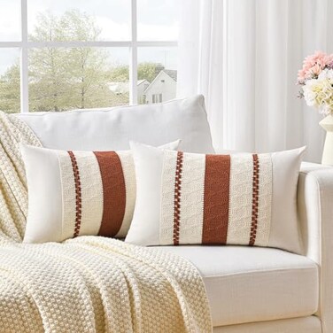 Fancy Homi Set of 2 Rust Boho Lumbar Decorative Throw Pillow Cover 12x20 Inch for Couch Bed Sofa Aesthetic Modern Organic Fall Room Decor Soft Cotton Cute Terracotta Farmhouse Cushion Case