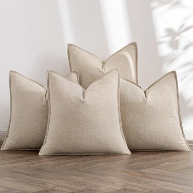 MIULEE Beige Linen Pillow Covers Pack of 4 Decorative Natural Solid Throw Pillow Covers Soft Accent Boho Farmhouse Couch Pillowcases Modern Spring Home Decors for Living Room Bed Sofa 18x18 Inch