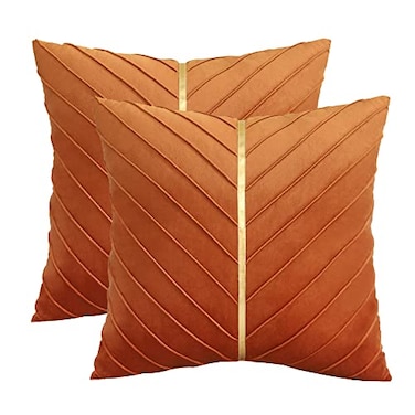 Tosleo Burnt Orange Velvet Throw Pillow Covers 16x16 Pack of 2 with Gold Leather Christmas Decorative Couch Pillowcases Luxury Modern Soft Pillow Cover Spring Summer Home Decor for Sofa Bed