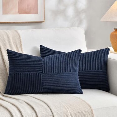 Fancy Homi 2 Packs Navy Blue Lumbar Decorative Throw Pillow Covers 12x20 Inch for Living Room Couch Rustic Farmhouse Boho Home Decor Soft Striped Corduroy Rectangle Accent Cushion Case 30x50 cm