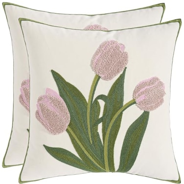 Tosleo Embroidered Throw Pillow Covers 16X16 Pack of 2 Pink Tulip Pillow Covers Spring Floral Floor Tufted Pillowcases Farmhouse Decor Cushion Cover Square Summer Decoration Pillow Case
