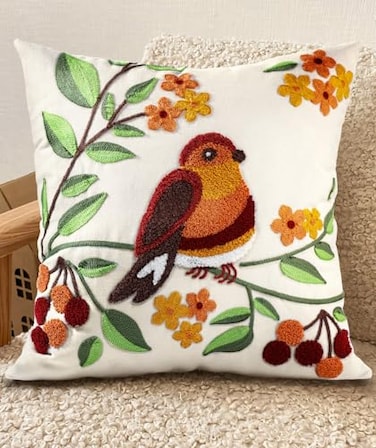 Kokaaee Embroidered Throw Pillow Cover 18x18 Decorative Pillow Cover with Zipper Aesthetic Cute Design Boho Spring Summer Throw Pillowcase for Living Room Couch Sofa Bed Tree Bird