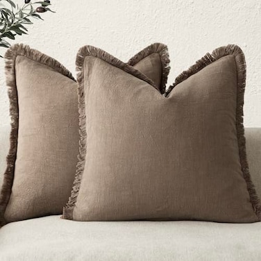 Foindtower Set of 2 Decorative Linen Fringe Throw Pillow Covers Cozy Boho Farmhouse Cushion Cover with Tassels Soft Accent Pillowcase for Couch Sofa Bed Living Room Home Decor 2626 Inch Light Brown