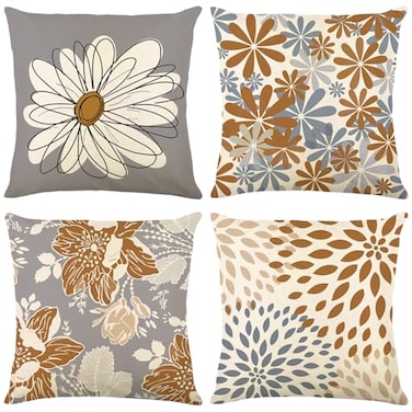 Baidast Brown Decorative Throw Pillow Covers 18x18 Set of 4 Brown and Grey Modern Daisy Floral Pillows Linen Pillow Covers for Couch Sofa Living Room