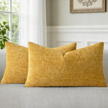 a moment Mustard Yellow Chenille Throw Pillow Covers 12x20 Inch Pack of 2 Modern Decorative Throw Pillow Covers Farmhouse Cross Covers Home Decor for Sofa Bedroom Living Room