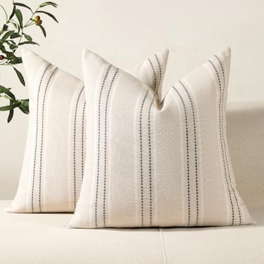 Hckot Hand Made Throw Pillow Covers 16x16 Set of 2 Striped Pillow Covers Textured Linen Decorative Pillows Square Cushion Covers for Sofa Couch Bed Living Room Farmhouse Decor
