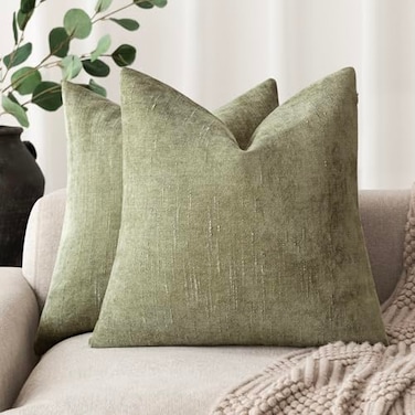 Foindtower Pack of 2 Soft Textured Chenille Throw Decorative Pillow Covers Square Accent Solid Cushion Cover Cozy Neutral Farmhouse Pillow Case for Couch Sofa Bedroom Living Room 18x18 InchSage Green