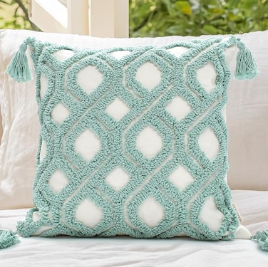 LOOPUINHOM Boho Pillow Covers 18X18 Inch Boho Tufted Throw Pillow Covers Decorative Tassels Cushion Cover Farmhouse Pillow Case for Couch Sofa Bed Living Room Bedroom Aqua Green