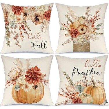 MODOVOS Fall Pumpkin Throw Pillow Covers Thanksgiving Farmhouse Decorations Wheat Floral Outdoor Fall Decor Pillow Covers 18x18 Set of 4 Harvest Autumn Cushion Case for Sofa Couch