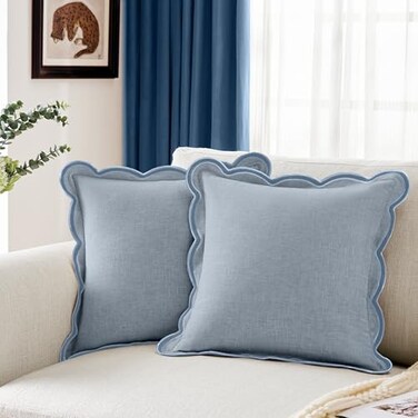 Ohocut Scalloped Pillow Cover Pack of 2 Spring Chenille Decorative Throw Pillow Covers Cute Boho Couch Pillow Covers Aesthetic Funky Preppy Pillow Cases for Sofa Living Room Misty Blue 18x18 Inch