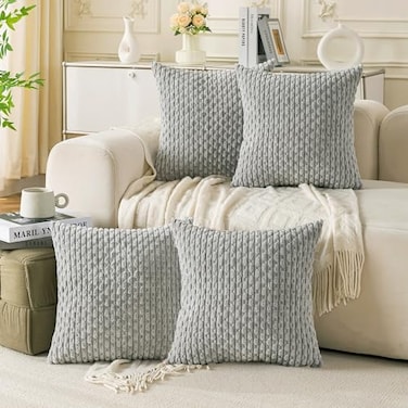 Cozoomy Set of 4 Grey Decorative Throw Pillow Covers 18x18 Inch Corduroy Pillow Covers for Bed Couch Sofa Living Room Soft Square Cushion Cases
