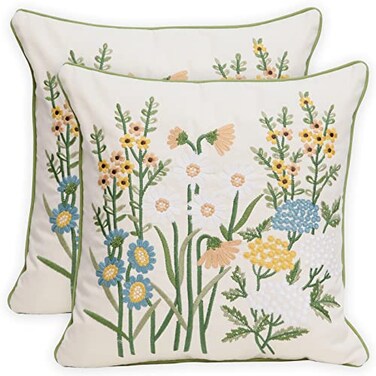 Pilmandu Set of 2 Embroidered Decorative Throw Pillow Covers Couch Square Pillowcases Cushion for Bedroom Sofa Farmhouse Decor 18x18 Inch Yellow Daisy