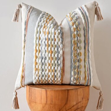 AmHoo Chenille Striped Textured Boho Throw Pillow Covers Aesthetic with Tassels Woven Decorative Pillow Case for Couch Bed Sofa Bedroom Modern Funky 18 x 18Inch Grey