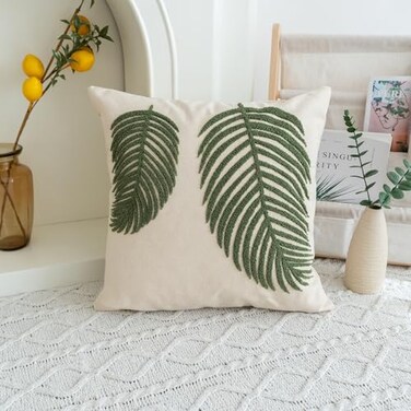 VANNCIO Linen Green Leaf Throw Pillow Cover Square Pillowcase with Tufted Tropical Palm Leaves Modern Decorative Cushion Sham for Rustic Spring Summer Home Outdoor Decor 18x18 inches 1PCS