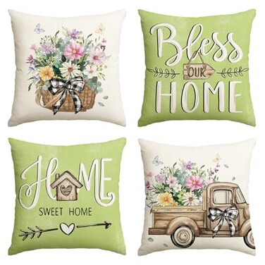 AVOIN colorlife Bless Our Home Eucalyptus Leaves Throw Pillow Covers 18 x 18 Inch Spring Truck Cushion Case for Home Sofa Couch Set of 4