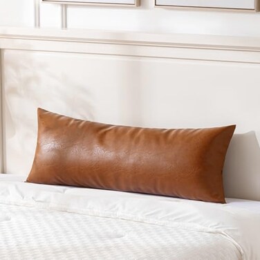 Fancy Homi Brown Boho Long Lumbar Faux Leather Body Decorative Throw Pillow Cover 14x36 Inch for Bedroom Couch Bed Bench Thick Stylish Solid Rectangle Pillowcase Rustic Modern Farmhouse Room Decor