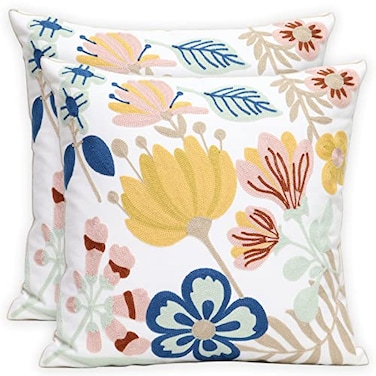 Pilmandu Pack of 2 Embroidered Decorative Throw Pillow Cover 18x18 Inch Farmhouse Floral Pillowcase for Living Room Sofa Bed Floral