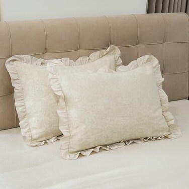 GLORY SEASON Pillow Shams Set of 2 LinenCotton Jacquard Fabric and Washed 100 Cotton Retro Ruffle Flounces Trim Solid Beige Decorative Pillow Cases for Home Bedroom Decor Pillow Covers 20x26 Inch Bed