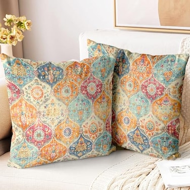 ZSYTZL Boho Throw Pillow Covers 16x16 inch Set of 2Soft Pillowcases Bohemia Carpet Printing Pattern Decorative Sofa Living Room Bed Square Pillow Case Cushion CoverCream Color
