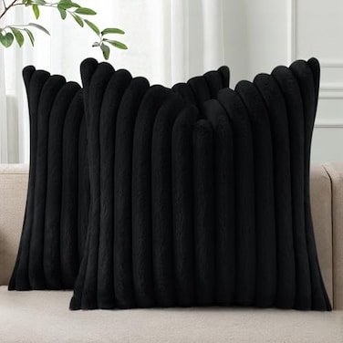 Pallene Faux Fur Plush Throw Pillow Covers 18x18 Set of 2 Luxury Soft Fluffy Striped Decorative Pillow Covers for Sofa Couch Living Room Black
