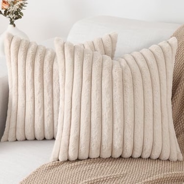 Pallene Faux Fur Plush Throw Pillow Covers 26x26 Set of 2 Luxury Soft Fluffy Striped Decorative Pillow Covers for Sofa Couch Living Room Apricot