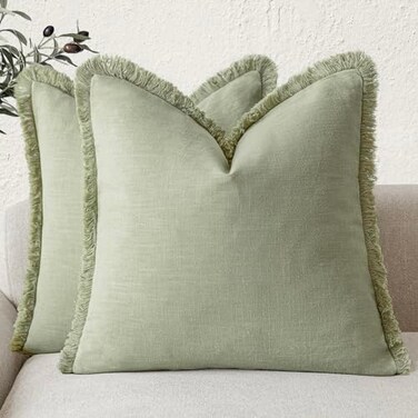 Foindtower Set of 2 Decorative Linen Fringe Throw Pillow Covers Boho Farmhouse Cushion Cover with Tassels Soft Accent Pillowcase for Couch Sofa Bed Living Room Home Decor1616 InchLight Sage Green