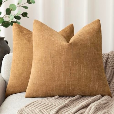 Foindtower Set of 2 Soft Textured Chenille Throw Decorative Pillow Covers Square Accent Solid Cushion Cover Neutral Farmhouse Pillow Case for Couch Sofa Bedroom Living Room 18x18 InchGolden Brown