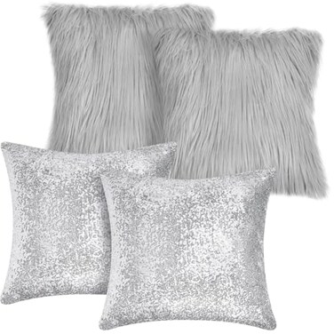 Irenare 4 Pcs Sequin and Fluffy Pillow Covers Winter Throw Pillow Cases Soft Cushion Cover for Couch Bed Sofa Xmas Day18 x 18 InchSilver Gray