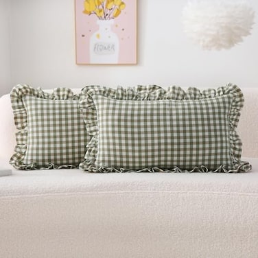 K MASANIJI 2 Pack Sage Green Plaid Ruffle Gingham Lumbar Throw Pillow Shams 100 Washed Cotton Decorative Checkered Farmhouse Zipper Closure Pillow Covers for BedSofa 12x20