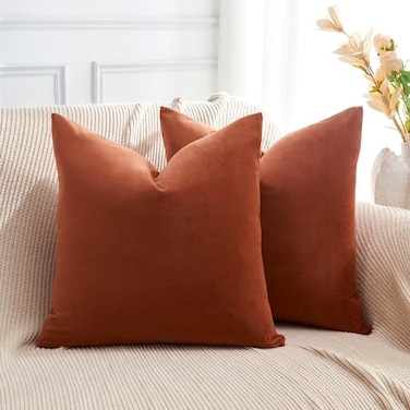 GriNeed Throw Pillow Covers Rust Set of 2 18x18 Inch Pillow Covers Soft Velvet Fall Decorative Cases for Couch Sofa Bed Home Boho Decor Modern Farmhouse Cushion Covers