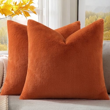 Pallene Faux Fur Plush Throw Pillow Covers 18x18 Set of 2 Soft Fluffy Couch Pillow Covers for Living Room Rust