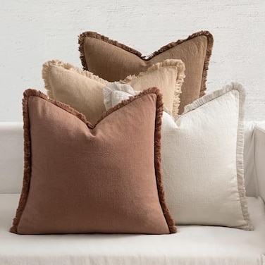 MIULEE Decorative Couch Pillow Covers Neutral Linen Fringe Throw Pillows Set of 4 Accent Rustic Cushions Boho Farmhouse Pillowcases for Bed Sofa Living Room Spring Home Decor 18x18 Inch BeigeBrown