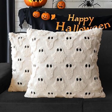 4TH Emotion Halloween Ghost Decorative Pillow Covers 18x18 Set of 2 Beige Soft Plush Faux Fur Farmhouse Throw Cushion Cases for Fall Holiday Home Decorations