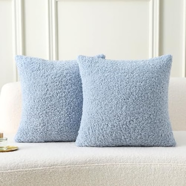 FUTEI Light Blue Throw Pillow Covers 18x18 Inch Set of 2Furry Faux Fur Teddy Boucle Textured Cushion CoversSoft Fluffy Decorative Pillow CaseHome Decor for Couch Bed Living Room Office Car