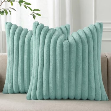 Pallene Faux Fur Plush Throw Pillow Covers 18x18 Set of 2 Luxury Soft Fluffy Striped Decorative Pillow Covers for Sofa Couch Living Room Aqua