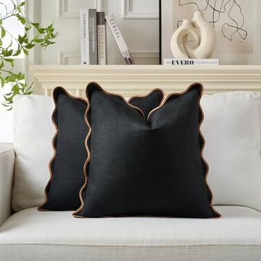 Mayler Yee Scalloped Pillow Covers Set of 2 for Living Room Decorative Sofa Couch Pillows Boho Sytle Decorative Home Aesthetic Funky Preppy Pillow Cases Black Brown 18x18 Inch