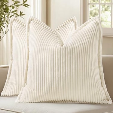 decorUhome Summer Corduroy Cream White Throw Pillow Covers 20x20 Set of 2 Decorative Soft Boho Farmhouse Couch Pillow Covers for Living Room Bed Sofa Broadside Striped Pillow Cases