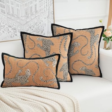 HERAYLI Premium Series Snow Leopard Throw Pillow Covers Animal Jacquard Cushion Cases for Home Decor Chenille Velvet DoubleSided Designs Brown Yellow 18 x 18 inch Covers Only