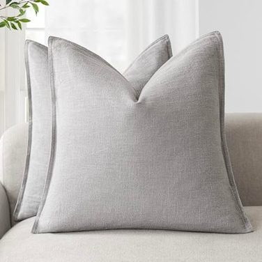 Foindtower Pack of 2 Decorative Linen Soild Throw Pillow Covers Soft Accent Cushion Case Boho Farmhouse Pillowcase for Chair Couch Sofa Bedroom Living Room Home Decor 16 x 16 Inch Light Rustic Gray